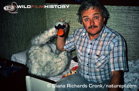 Martin Saunders with joke swan in boat cabin filming for the BBC's The First Eden 