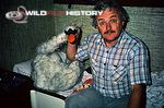 Martin Saunders with joke swan in boat cabin filming for the BBC's The First Eden 