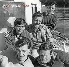 Jim Saunders (with camera), Jacquie and Gerald Durrell, and Chris Parsons (bottom left) on boat while filming for Two In The Bush