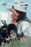 Doug Allan filming willing burrowing owl chick