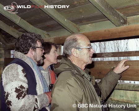 Rolf Harris, Tony Soper and Peter Scott in a bird hide