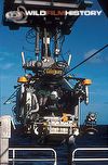 Crew being lowered into sea in submersible for filming of The Blue Planet