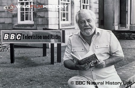 Gerald Durrell sitting outside BBC Bristol promoting his book