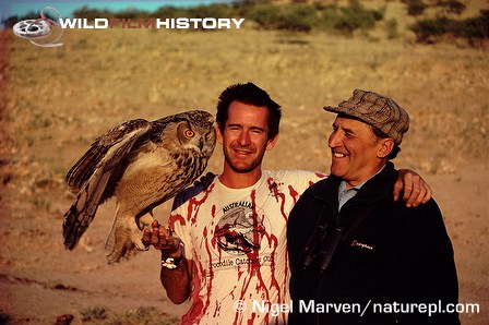 Nigel Marven, Nikolai Drozdov and Bubo, a great eagle owl, on location for Realms of the Russian Bear