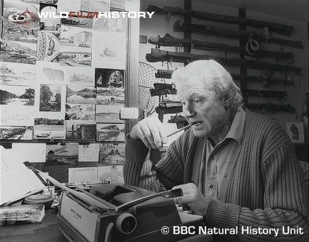 Hugh Falkus at a typewriter, during the filming for Self-Portrait of a Happy Man