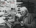 Hugh Falkus at a typewriter, during the filming for Self-Portrait of a Happy Man