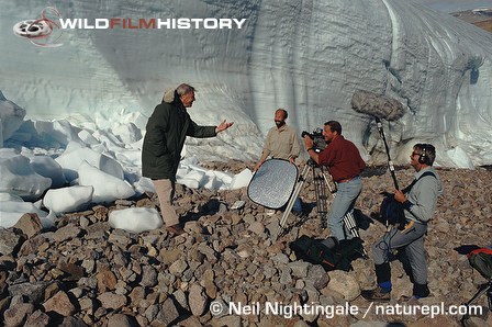 David Attenborough presenting The Private Life of Plants, with film crew: Neil Nightingale, Gavin Thurston (camera) and Trevor Gosling (sound)