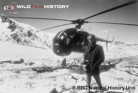 Michael Andrews with helicopter while filming aerial shots of the Andes for The Flight of the Condor