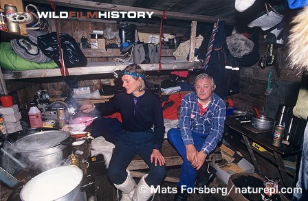 Martha Holmes and Martin Saunders in hut used by film crew while making Kingdom of the Ice Bear