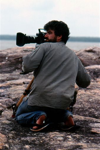 Mark Lamble filming near the floodplains.