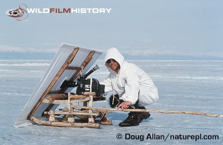 Doug Allan using a blind on a sledge to approach and film seals