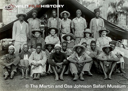 Martin and Osa Johnson with film crew and camp employees during filming in Africa