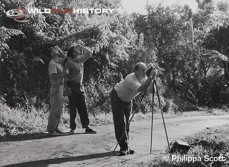 Peter Scott filming a hummingbird nest with David Snow (Ornithologist) and Tony Soper (centre) for Faraway Look: Trinidad